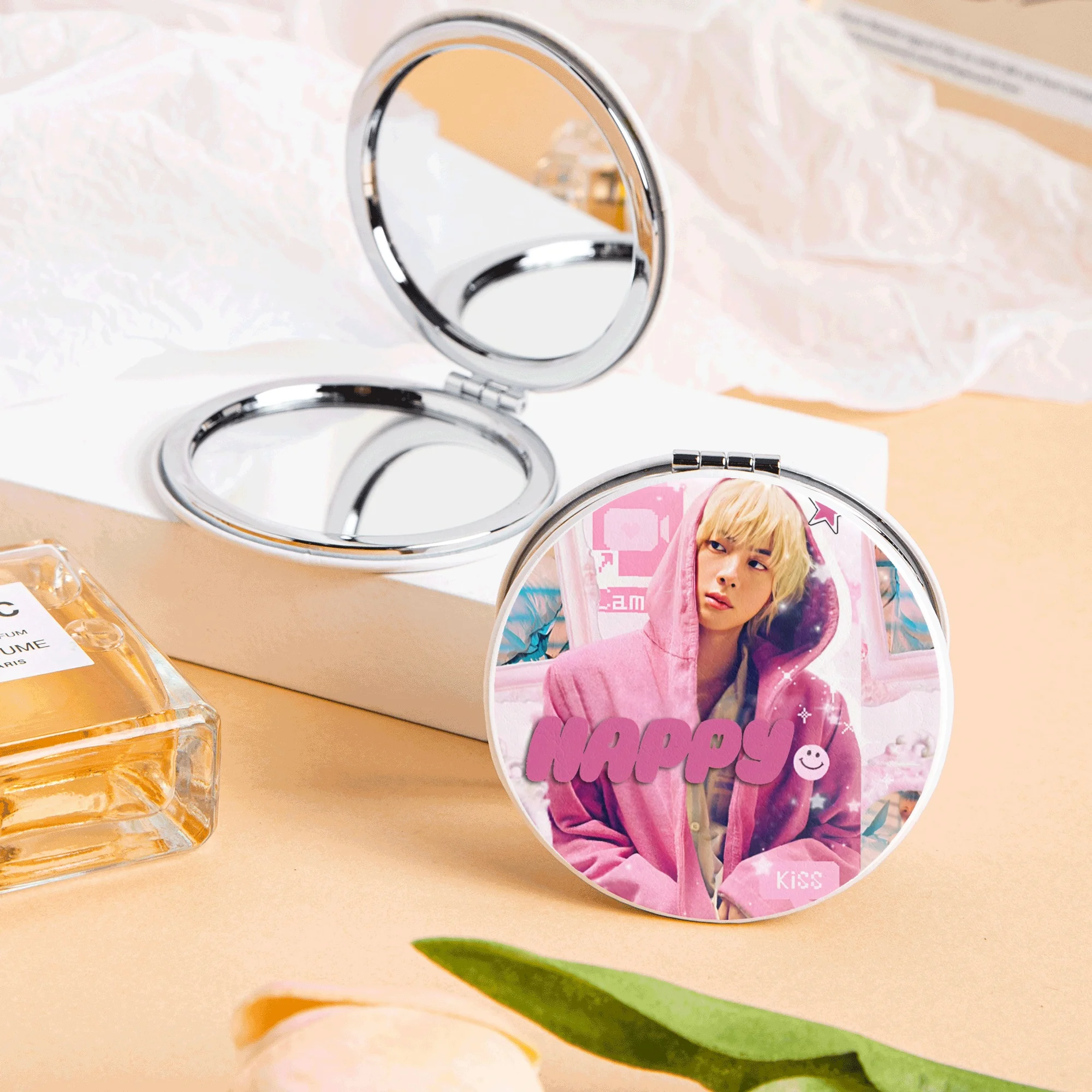 PU Leather Kpop Mini Portable Mirror HAPPY RUNNING WILD Makeup Folding Cosmetics Fun Gifts Accessories Merchs kpop mirror