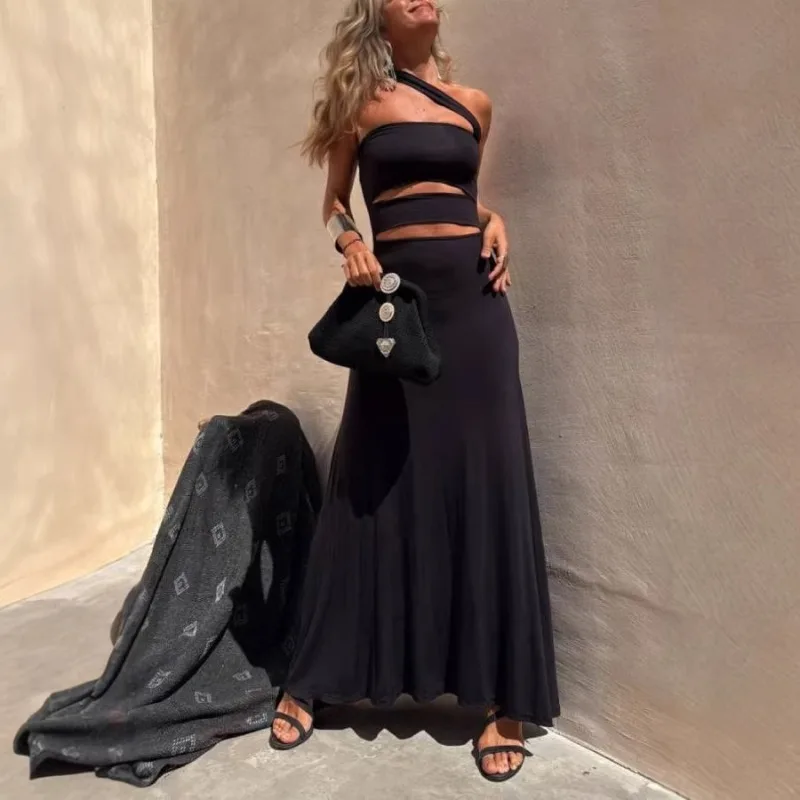 Sexy Damen Schwarzes Einschultriges Cocktailkleid mit Cut-Out an der Taille Ärmelloses Bodycon Langes Kleid Party Clubwear Abendkleid