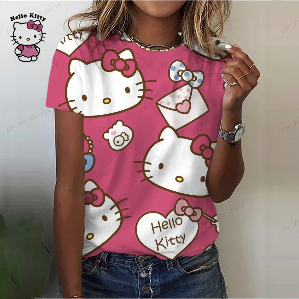 thumbnail image 1 of Camiseta informal de manga corta a color para mujer, camisetas de cuello redondo estilo Harajuku, camisetas con estampado de dibujos animados de Hello Kitty, camisetas gráficas kawaii para mujer, 1 of 4