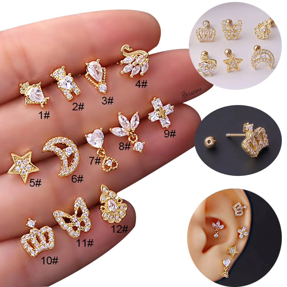 

2Pcs 0.8x6mm 20G Bar Crystal Bear Lotus Conch Helix Piercing Stud Ear Jewelry Moon Star Heart Tragus Piercing Cartilage Earrings