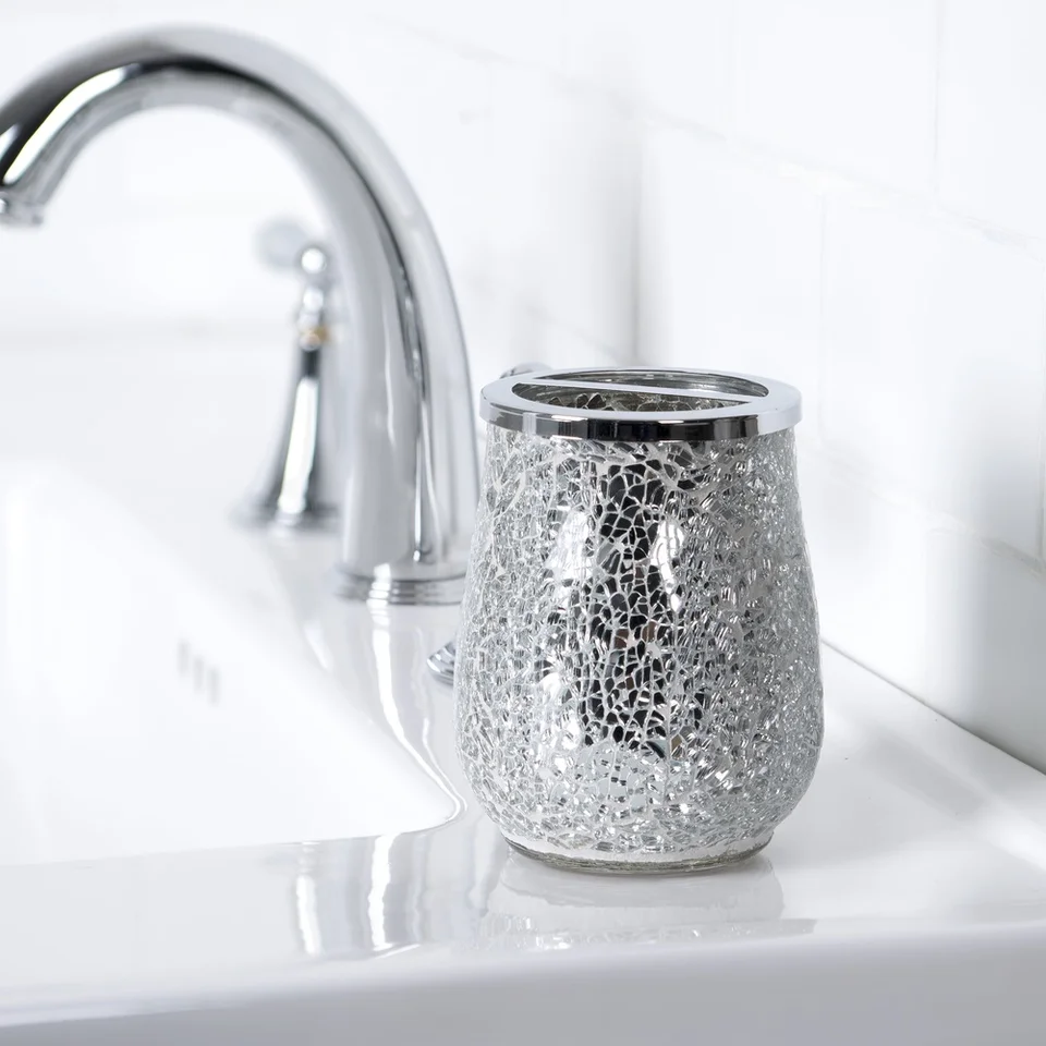 Elegant Silver Mosaic Glass Toothbrush Holder