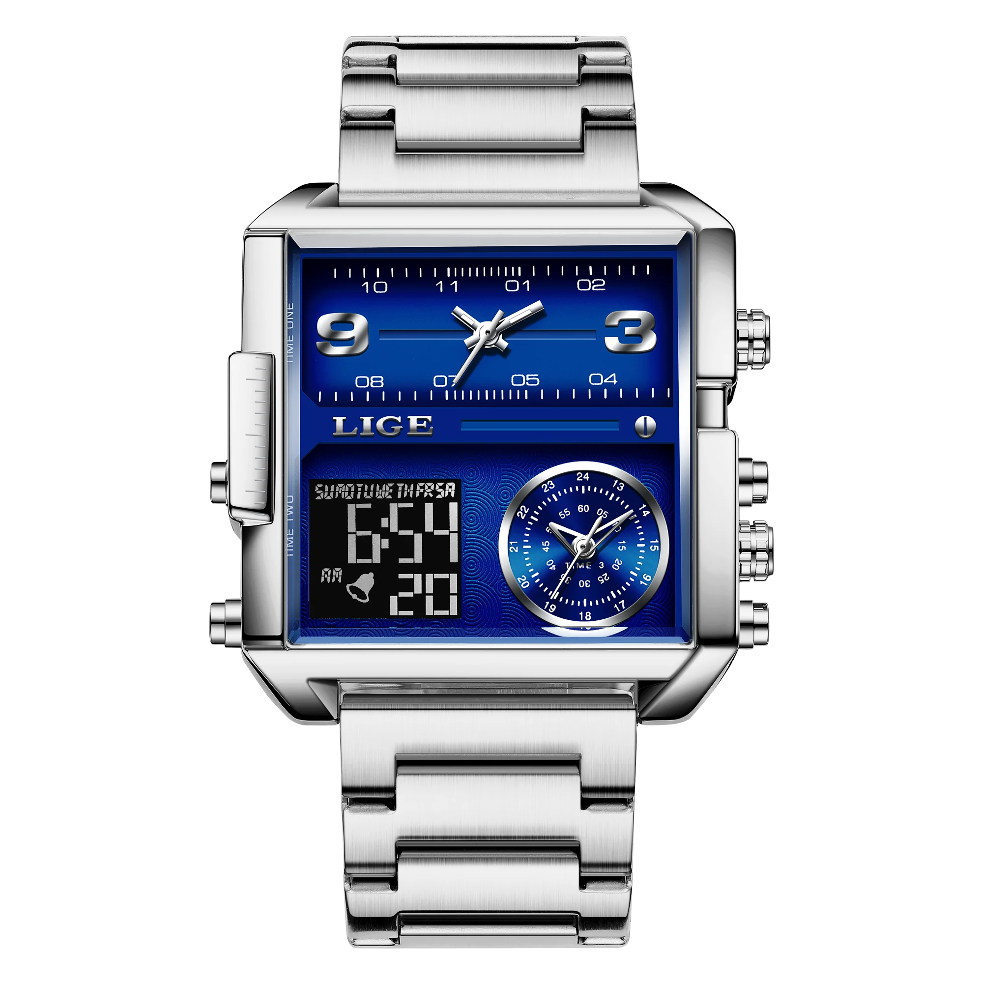 Luxury Gold Steel Sports Square Digital Analog Men's Quartz Watch