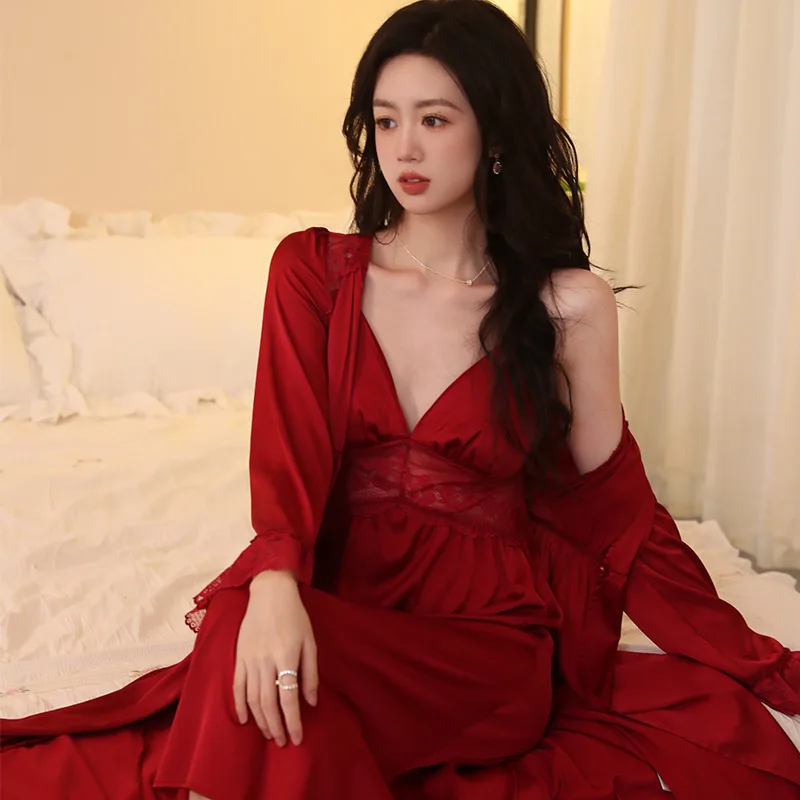 

Sexy Lingerie New Year Red Satin Kimono Women Robe And Gown Sets Faux Silk Bathrobe Two Piece Set Nightgown