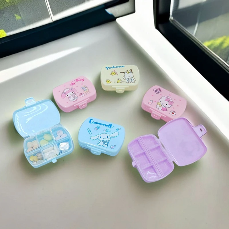 

Cartoon Sanrio Mini Portable Pill Box Kuromi Pochacco Hello Kitty Six Compartments Cute My Melody Cinnamoroll Storage Box