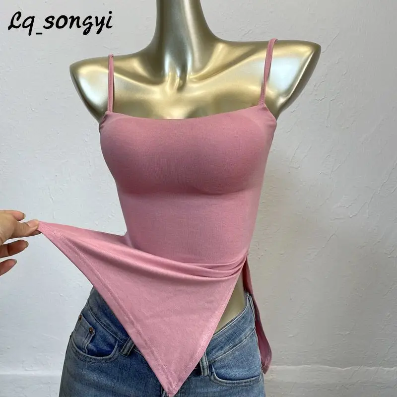 

Lq_songyi Irregular Slim Tanks Top Women Sleeveless Tops with Chest Pads Cotton T Shirts Female Basic Sexy Solid INS Camisole