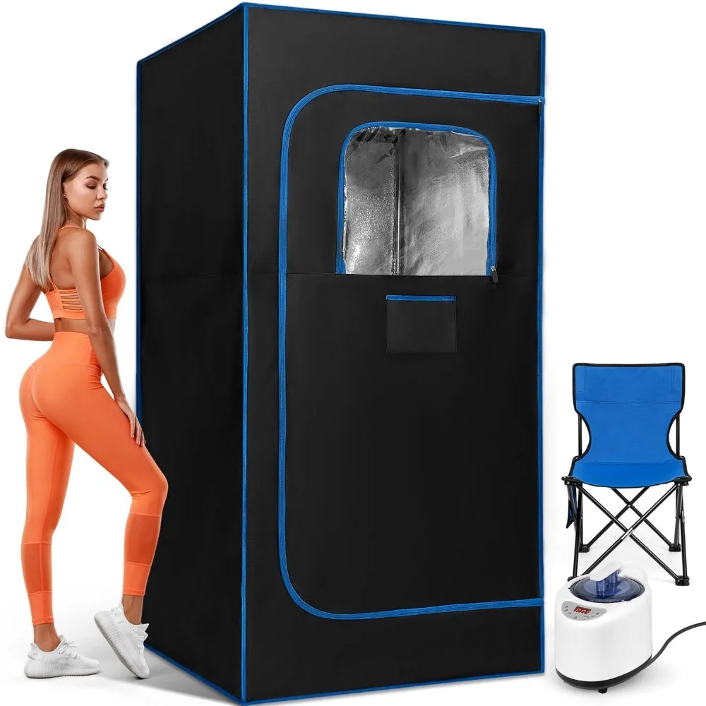 

X-Vcak Portable Steam Sauna Tent Sauna Box with 2.6L Steamer, Remote Control, Folding Chair, 9 Levels, Black with Blue