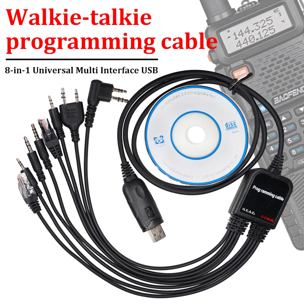 

8 In 1 USB Programming Cable For Baofeng Kenwood TYT QYT Motorola AXU4100 Yaesu ICOM Walkie Talkie Radio Car Radio CD Software