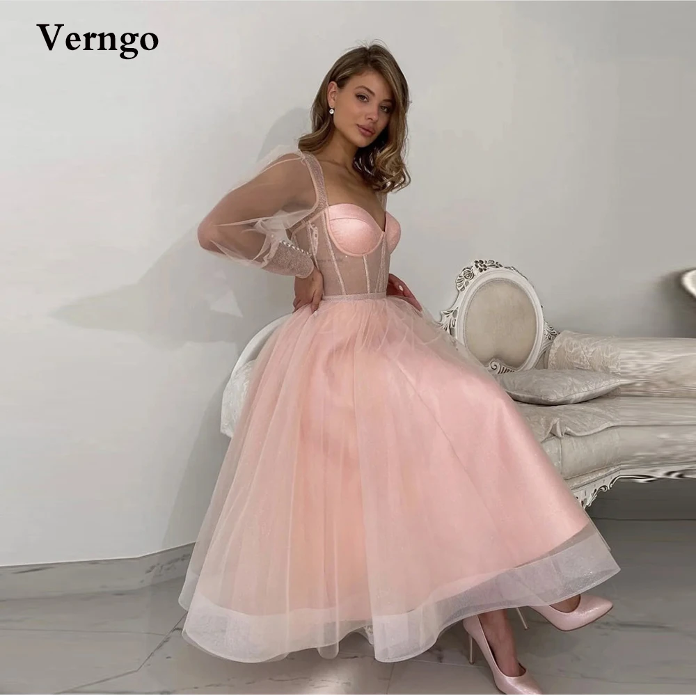 

Verngo Blush Pink Tulle Prom Dresses Midi Length Puff Long Sleeves Sweetheart Sheer Bride Party Dress Homecoming Formal Gown