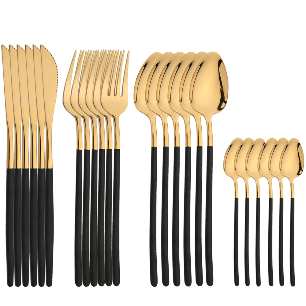 

24Pcs Cutlery Sets 18/10 Stainless Steel Tableware Forks Spoons Knife Flatware Wedding Black Gold Dinnerware Set Western Kitchen