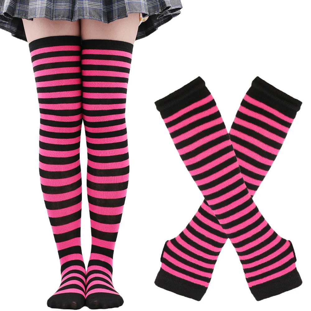 1 Set Damen Mädchen Overknee Lange Gestreifte Bedruckte Oberschenkelhohe Baumwollsocken Mädchen Armstulpen Handschuhe Socken Cosplay-Anzug Weihnachtsgeschenk – Detail 5