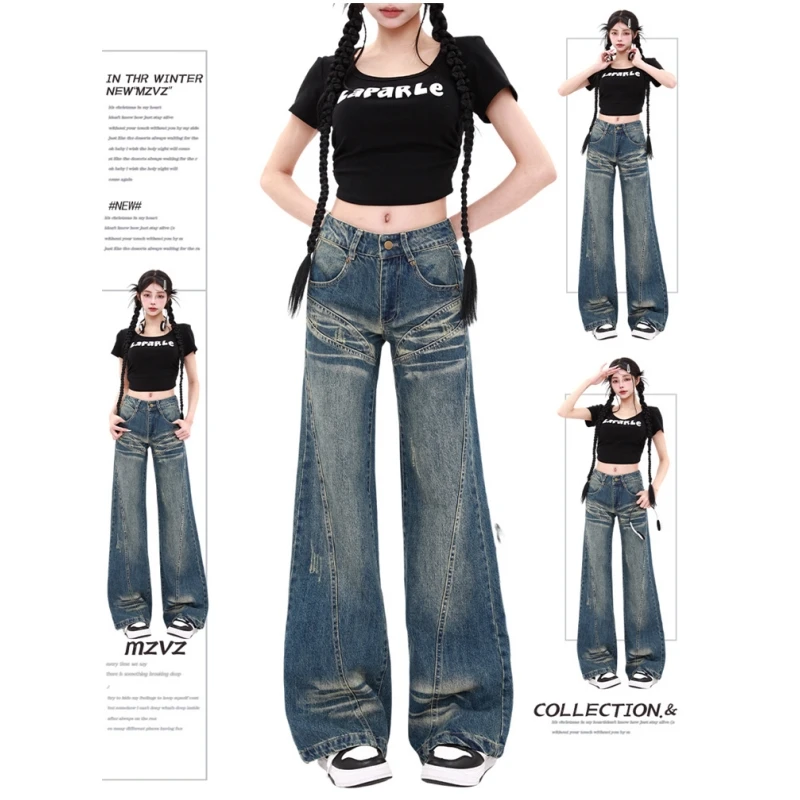 

Blue Women Jeans High Waist Straight Baggy Denim Pants Europe and America Korean Fashion Y2K Female Wide Leg Denim Trouser