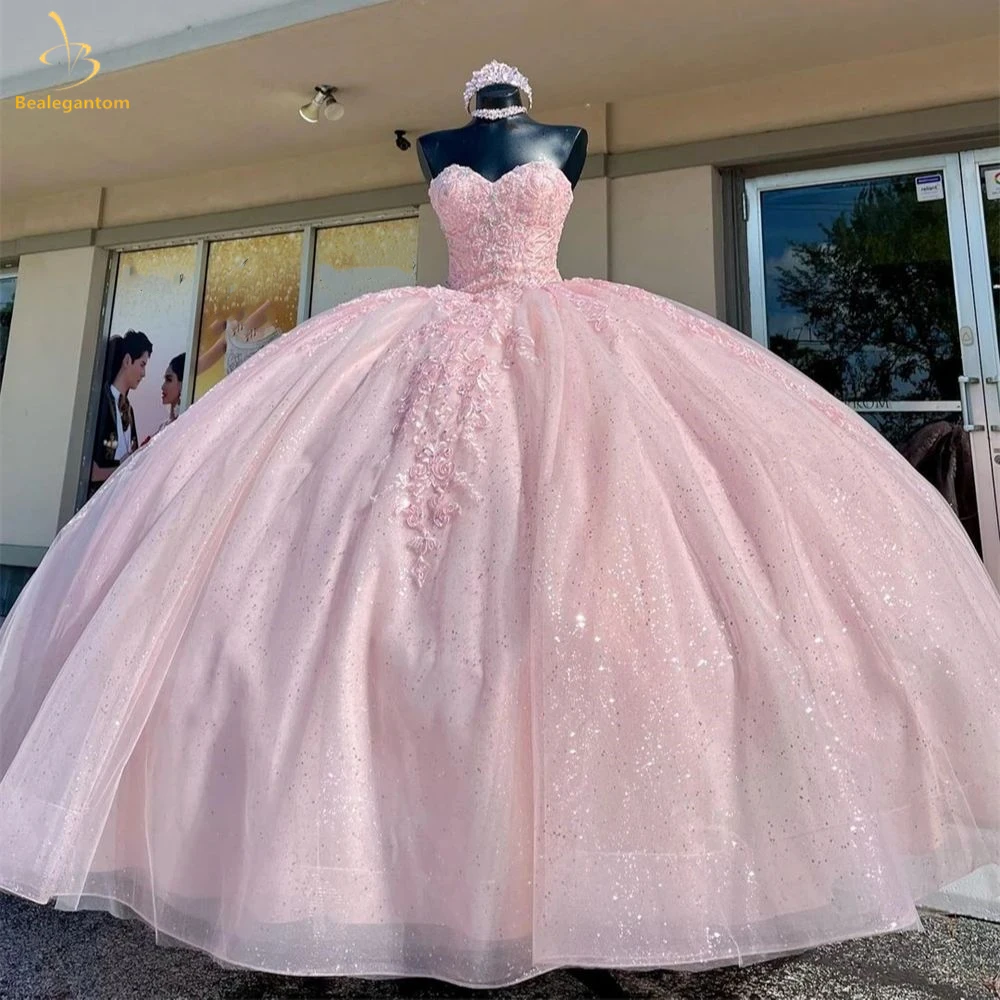 

Bealegantom 2024 Sexy Pink Lace Quinceanera Dresses Ball Gown Beaded Lace Up Sweet 16 Prom Party Gown Vestidos De 15 Anos QA129