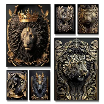 우아한 황금 사자 호랑이 벽 아트 포스터 및 인쇄, 드래곤 골드 아트 그림, 캔버스 아트 동물 사진, 방 장식
