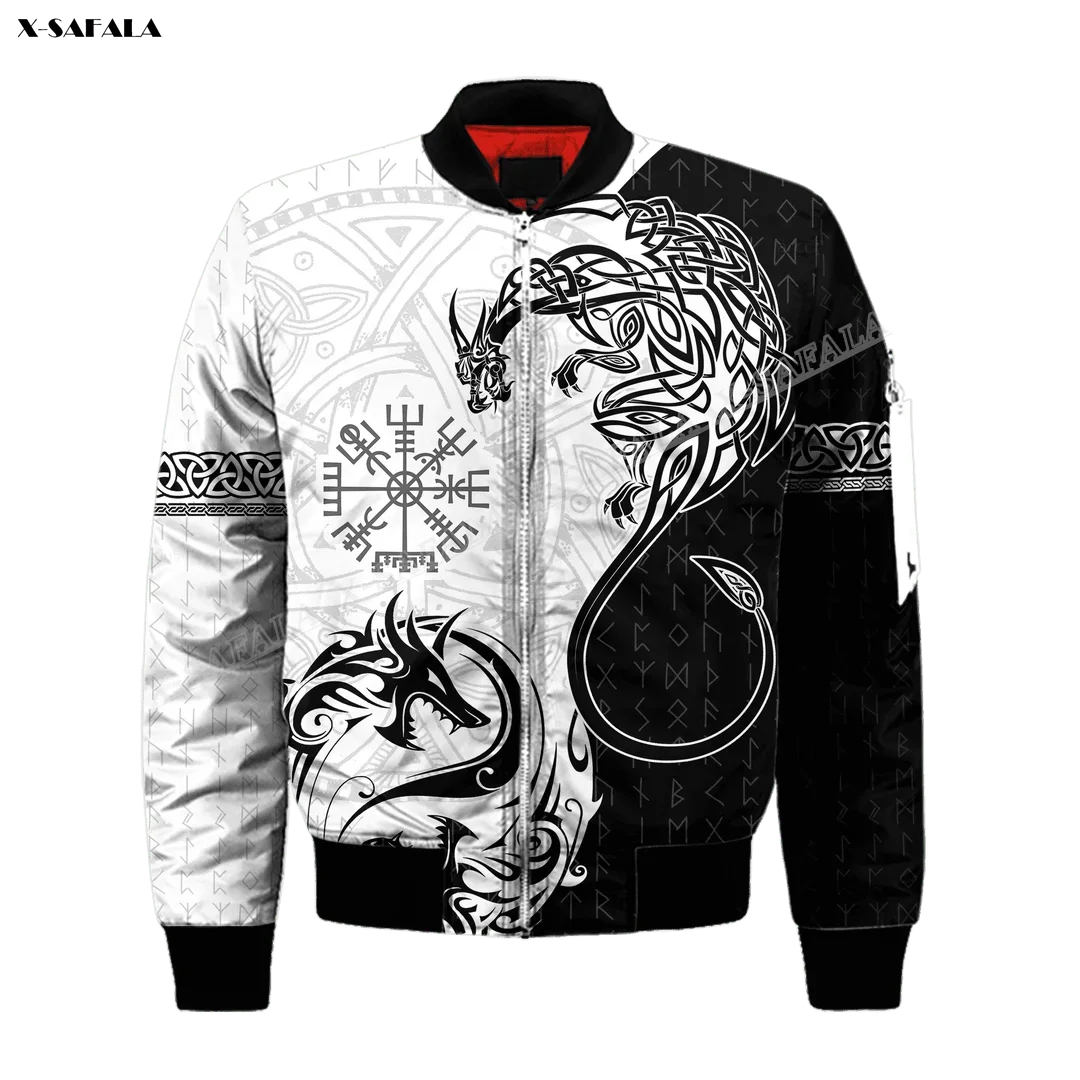 

2024 Celtic Dragon 3D Printed Bomber Thick Jacket Adult Men Flight Pilot Zipper Coat Cotton Warm Winter