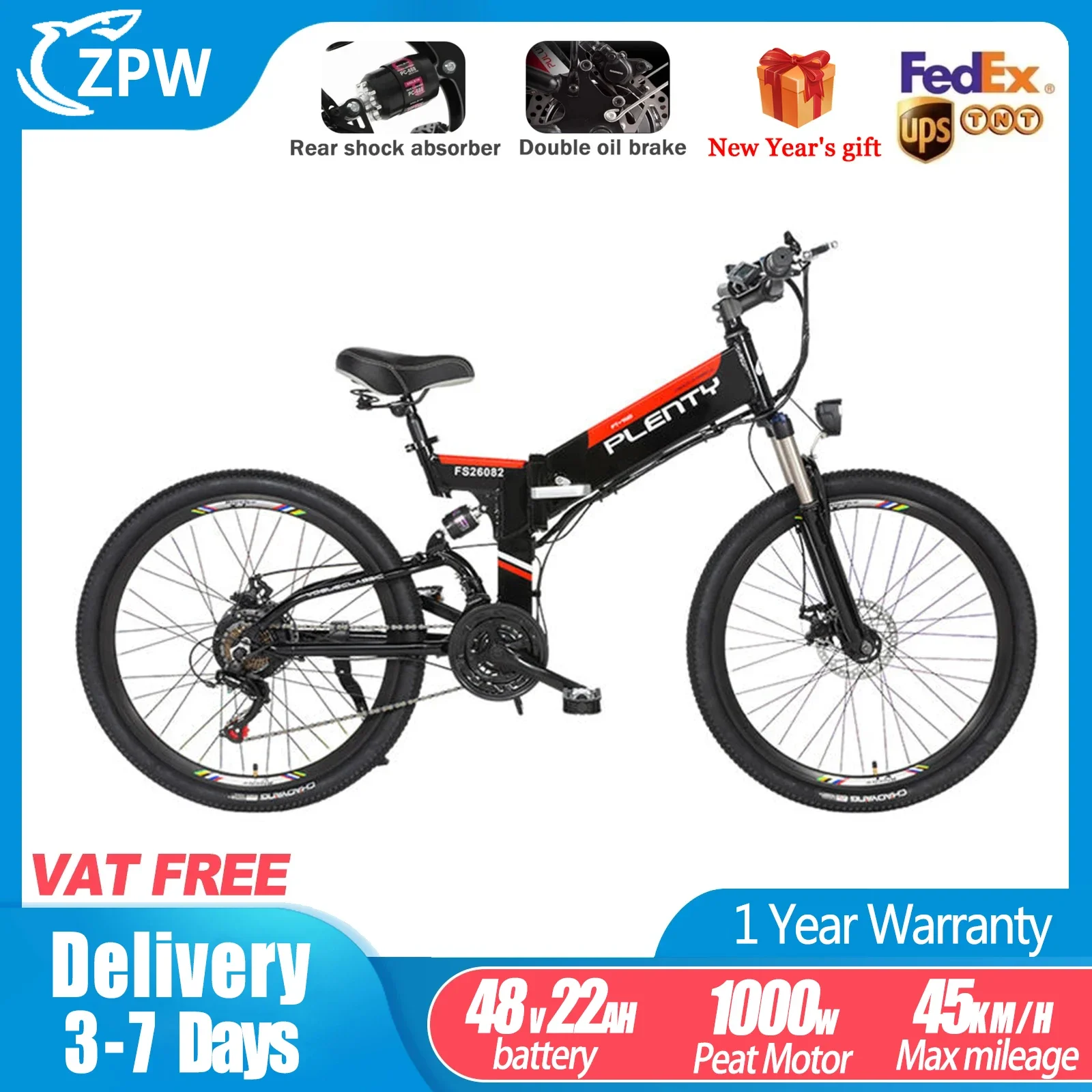 ZPW Electric Bicycle 1000W 14AH 48V Ebike Men's Bike 26 Inch * 1.9 Inch Tire Dual disc brake 45KM/H Mountain Motorcycl