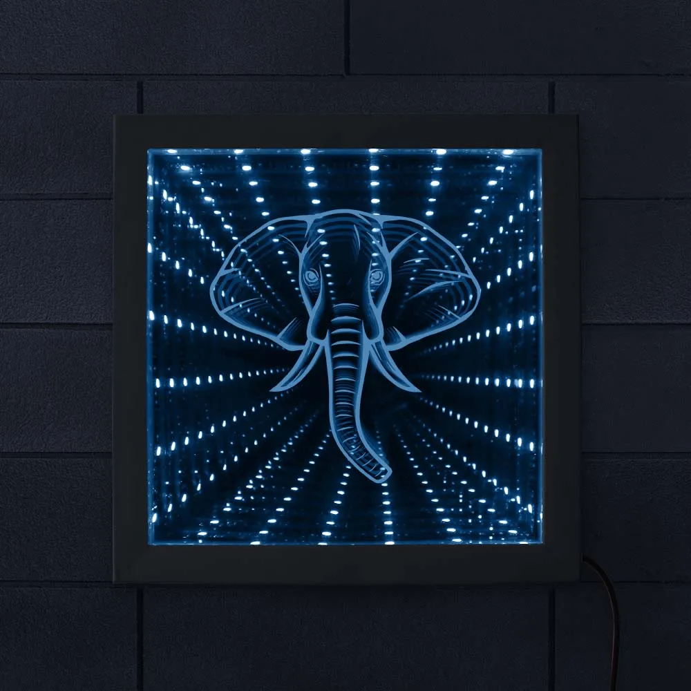 Elephant Lighting Wall Art LED Infinity Mirror Wood Frame Wildlife
