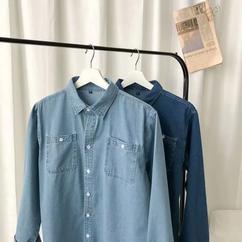 American workwear denim shirt men's spring new retro washed collared shirt trendy brand loose long sleeved jacket