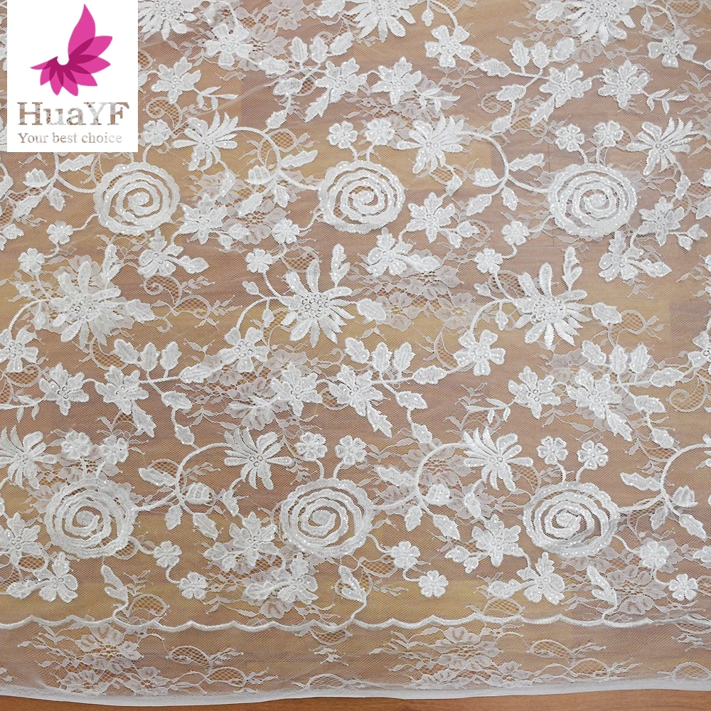 

1 Yard High quality white french embroidered mesh fabric bridal wedding dress lace HY1184