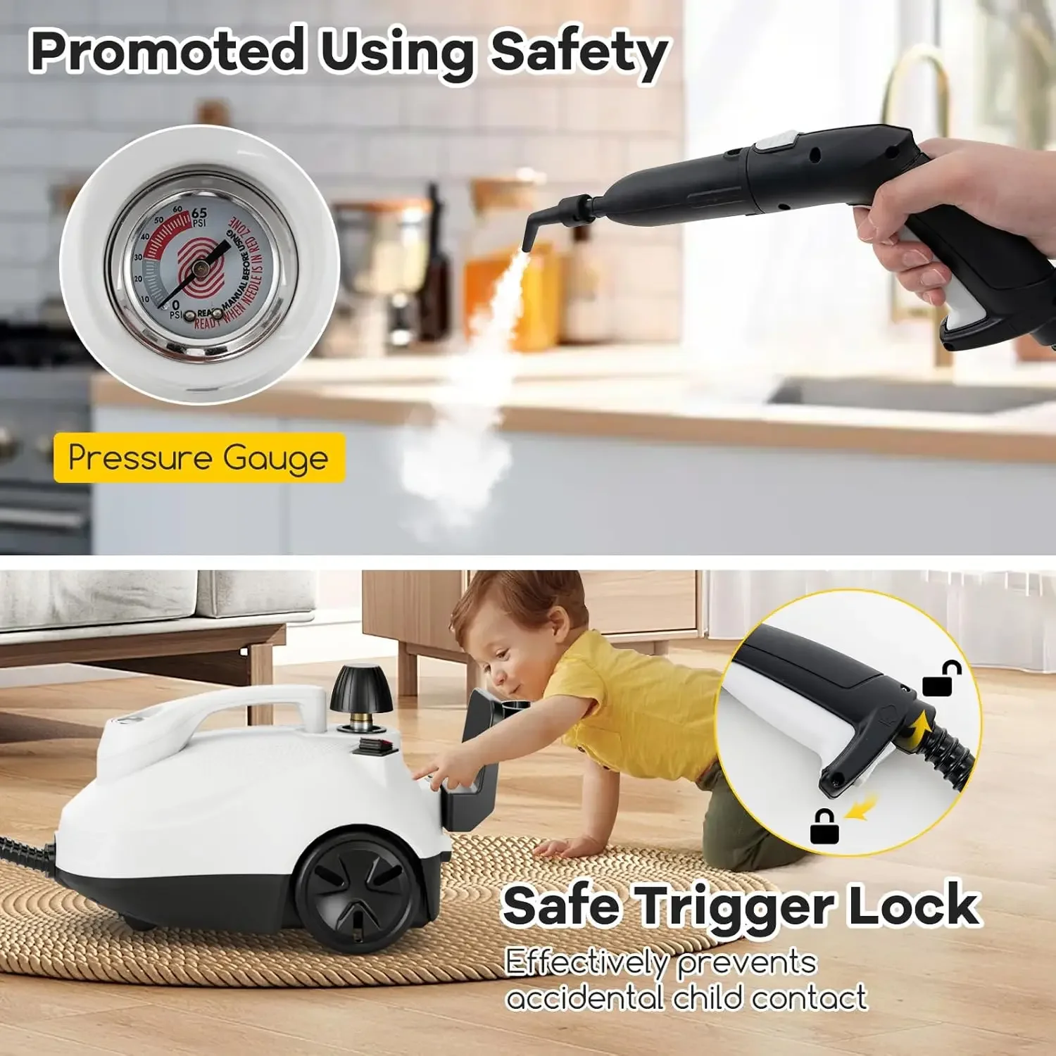 Multi-Purpose Steam Cleaner, Portable Steamer with Trigger Lock, Wheels & 61 OZ Water Tank, 1800W Steam Cleaning Machine for Uph 3