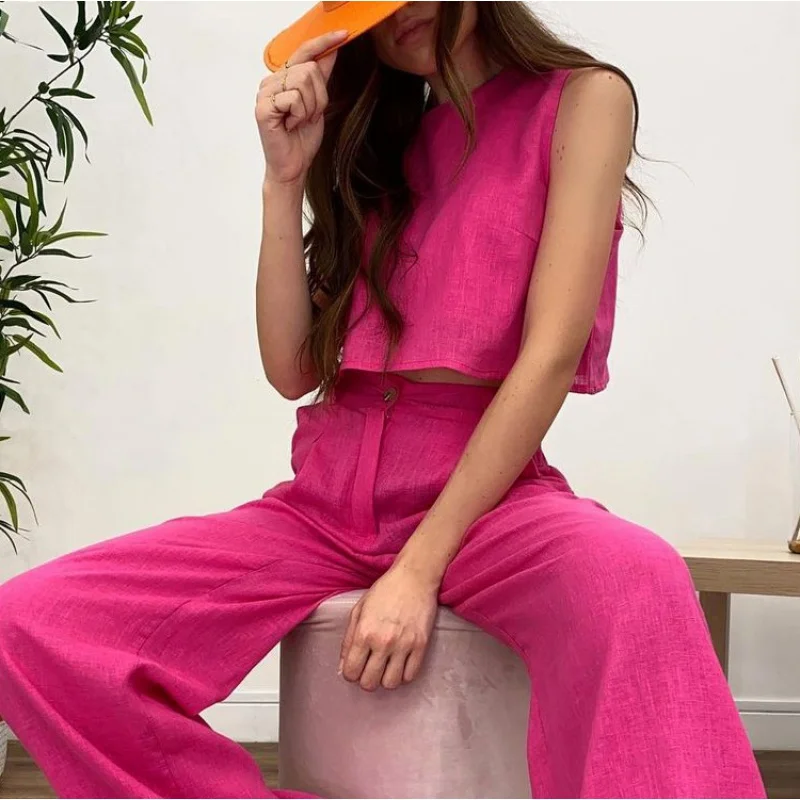 insStyle Summer New Solid Color Sleeveless Green Top Flared Pants Suit Commuter Fashion Women's ClothingWlj
