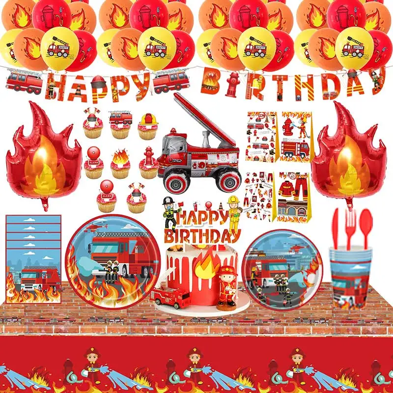 Feuerwehrmann Geburtstagsdekoration Feuerwehrauto Geschirr Teller Tassen Serviette Banner Hintergrund Geschenktüten Papa Kreis Kind Partyzubehör