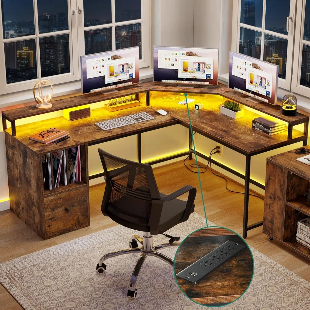 L Shaped Desk Power Outlets LED Lights 67" Computer Desk File Drawer Corner Home Office Monitor
