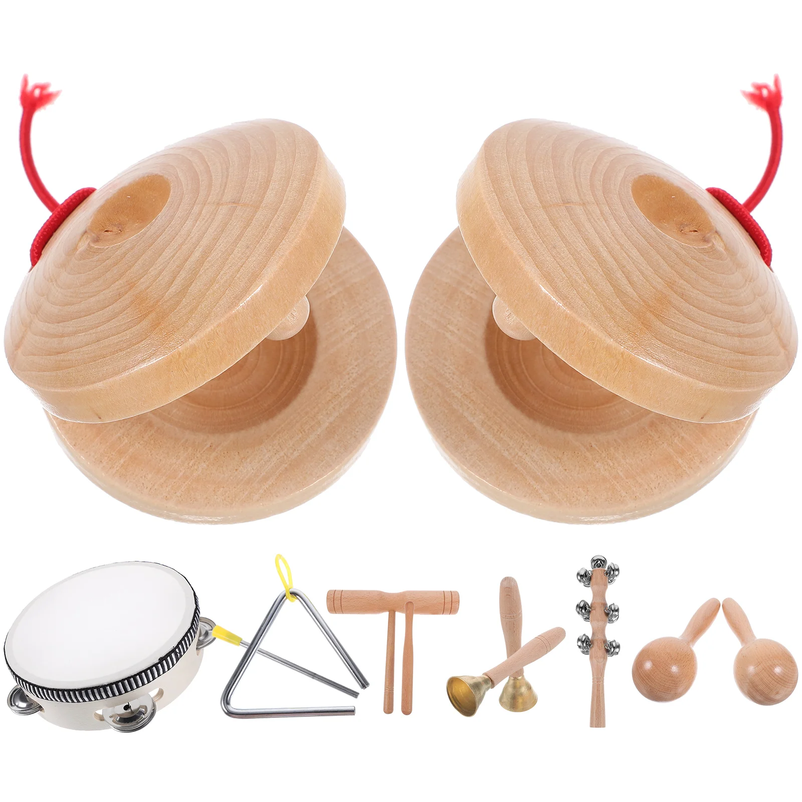 

1 Set Wooden Percussion Instrument Tambourine Drum Maraca Shaker Shaking Bell Triangle Bell Rhythm Block Castanets Wooden