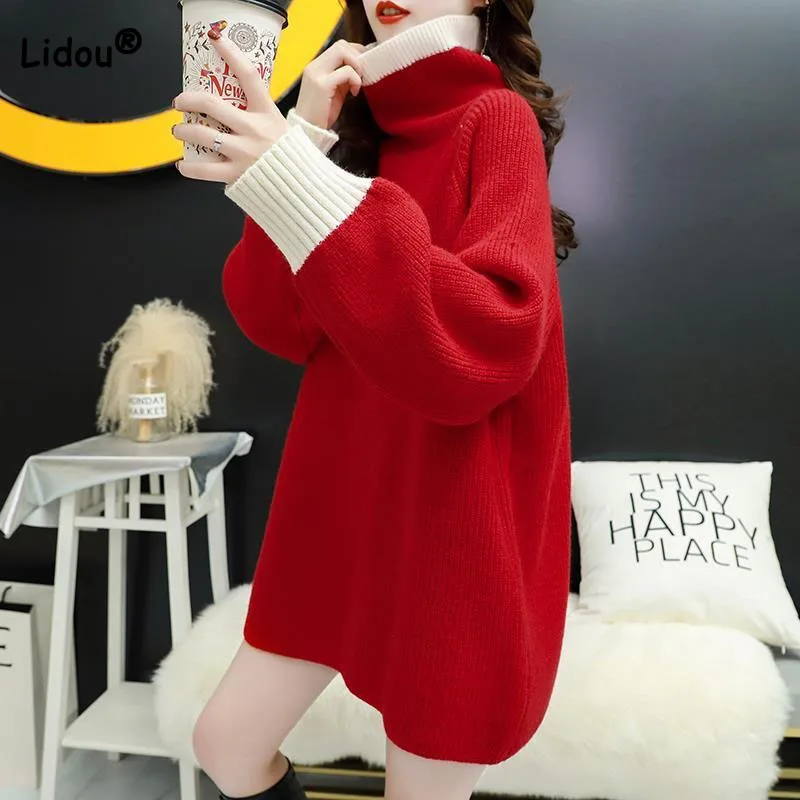 

Korean Loose Solid Color Patchwork Knitted Dresses Autumn Winter Simplicity Trend Turtleneck Sweaters Dress Women's Clothing