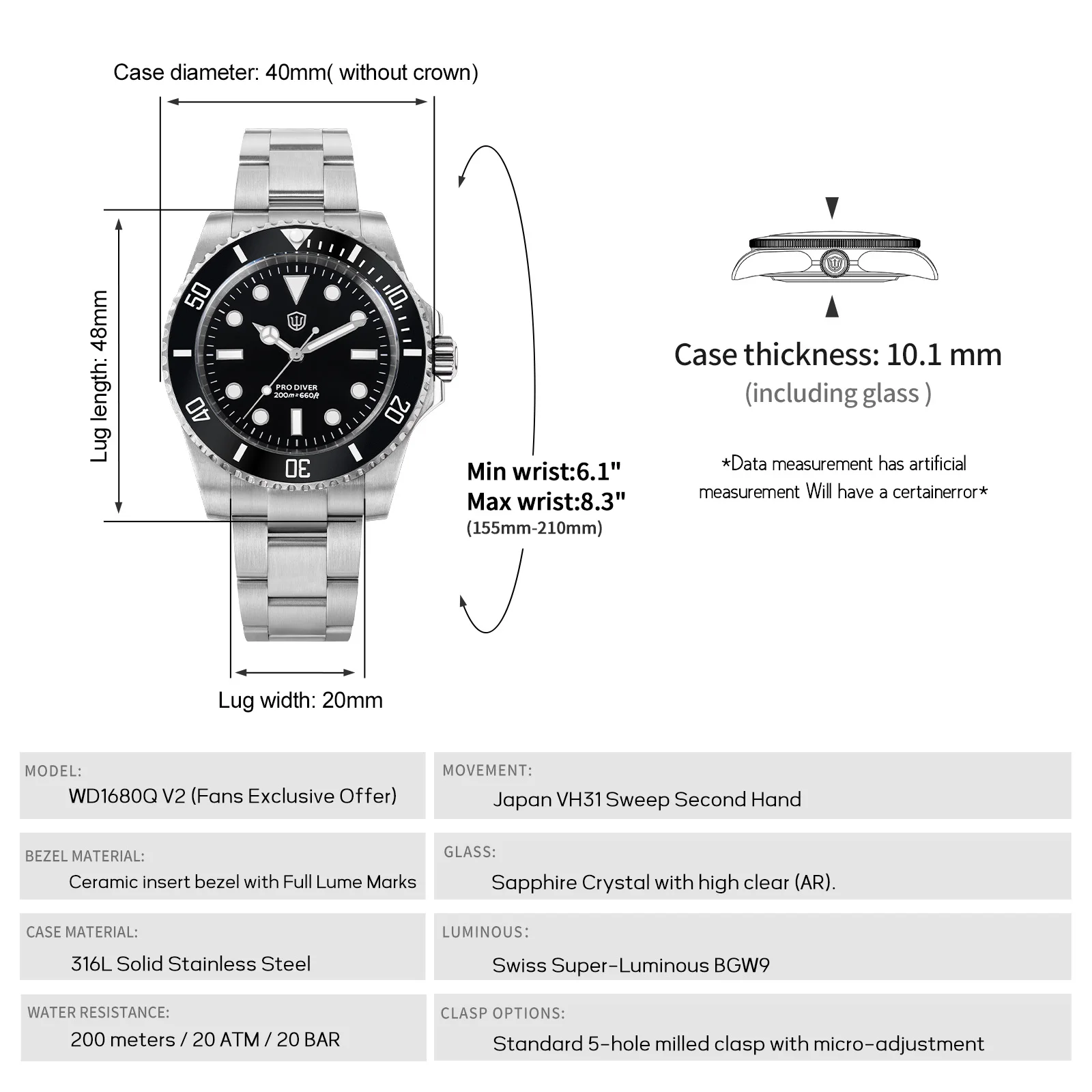 Watchdives WD1680Q V2 Orologio da uomo VH31 Sweep Second Movimento al quarzo AR Zaffiro luminoso BGW9 20Bar Orologi da polso in acciaio impermeabili - immagine 2