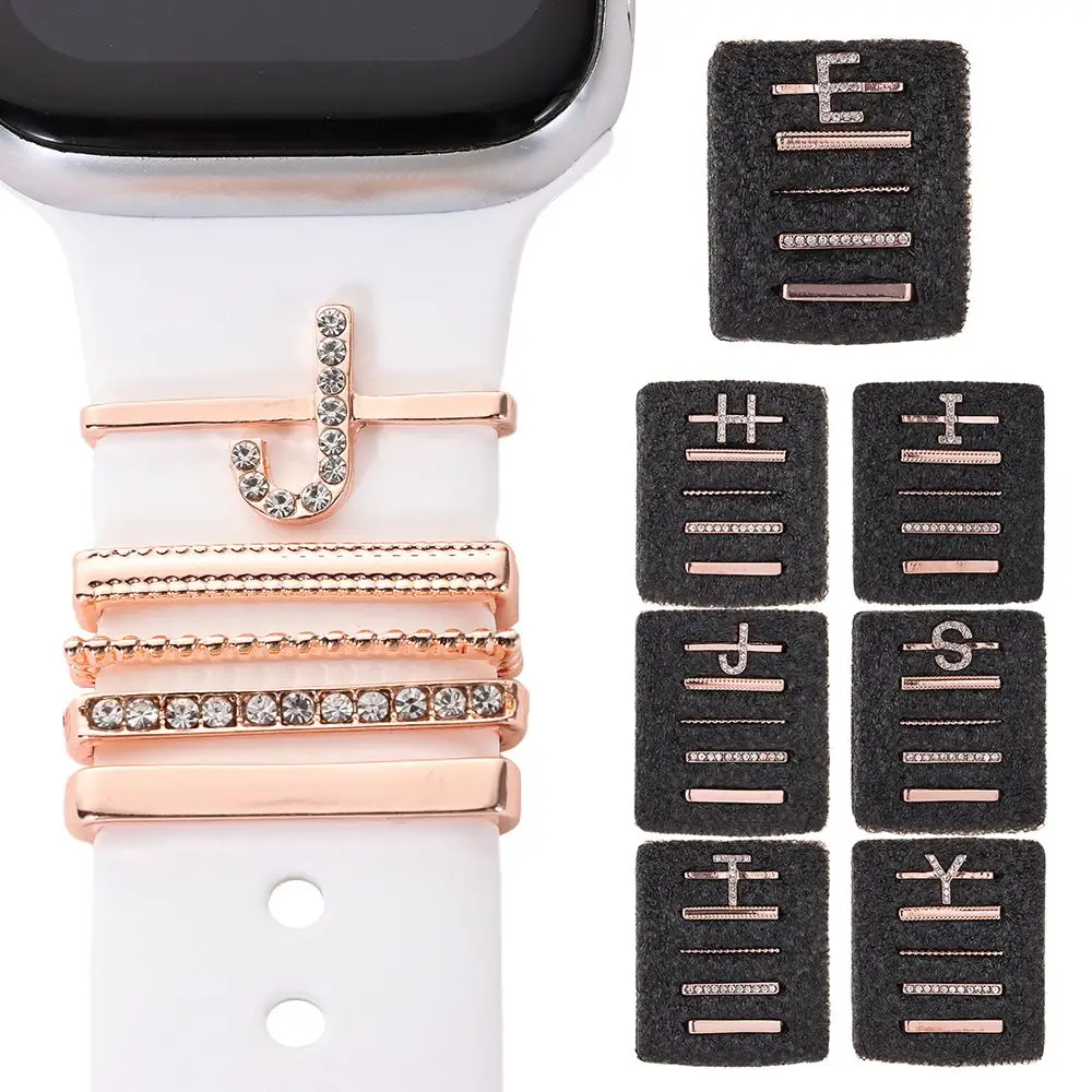 

English Letters Diamond Metal Charms Decorative Ring For Apple Watch Band Watch Silicone Strap Ornament Accessories For iwatch