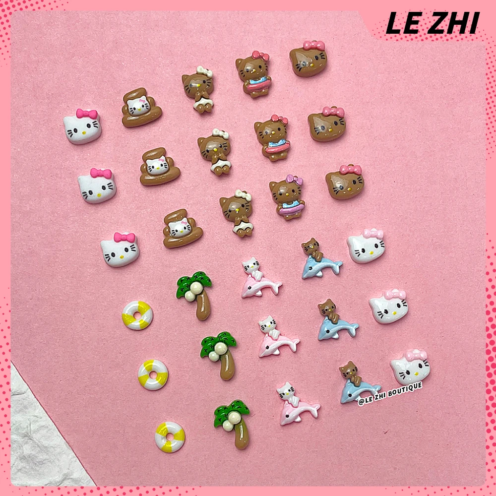 20Pcs 하와이 3D 헬로 키티 네일 아트 수지 액세서리 여름 해변 검은 피부 KT 전화 케이스 스티커 매니큐어 데칼 장식
