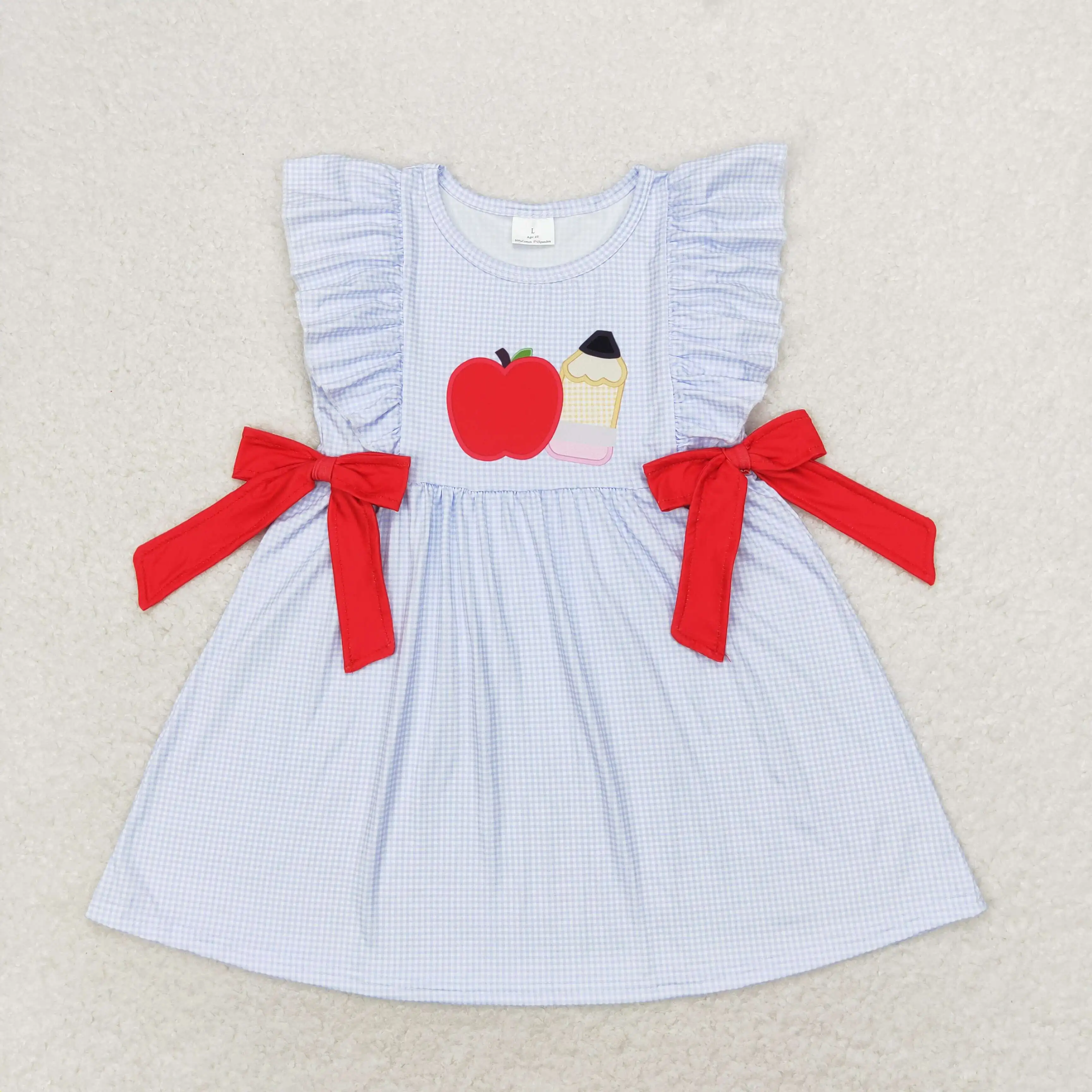 Baby Girl Summer Short Sleeves Dress Boutique Blue Clothes Kids Children Toddler Back To School Knee Length One Piece