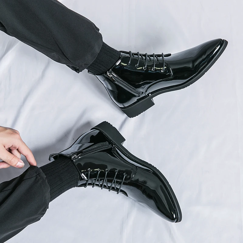 Luxury Chelsea Boots Men's Shiny Leather Shoes Pointed High Top Shoes Men's Banquet Dress Shoes High-end Purple Red Short Boots