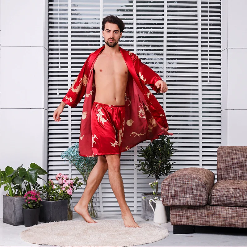 

Men's Red Satin Dragon Print Bathrobe Shorts Suit Robe Pajama Set Nightwear Two-piece Set Casual Home Dressing Gown Pijama