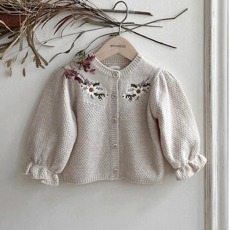 Girl Retro Flower Lantern Sleeve Knitted Cardigan Toddler Girls Autumn Loose Casual Coat Kids Soft Single Breasted Sweater baby girls sweater