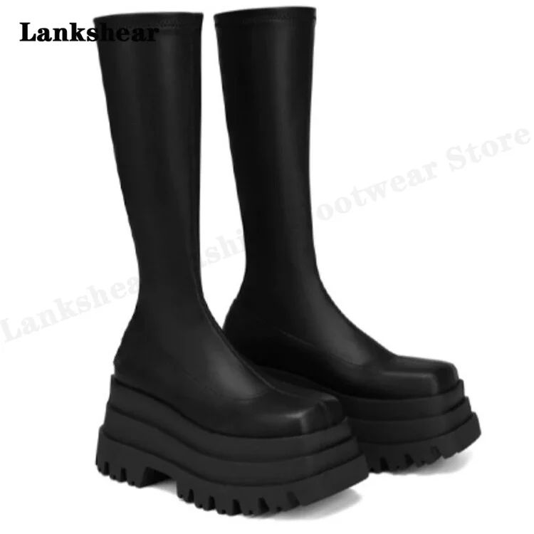 Spring and Autumn Powder Cake Thick Bottom Boots High -Heeled Boots Thin Patent Leather Skinny Leather Thin Boots Women's Shoes