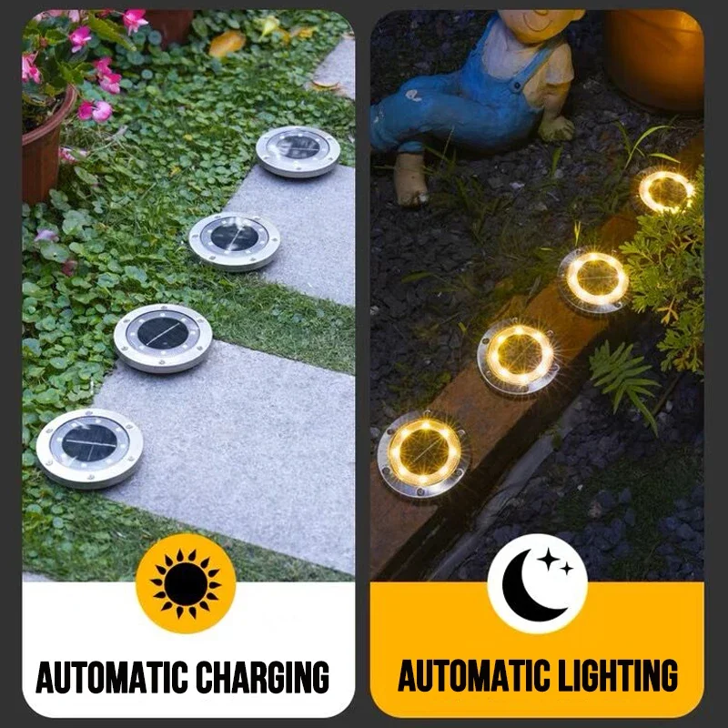 Description Picture 3 of item1~4Pack 8/20LED Outdoor Solar Power Disk Light Outdoor Garden Courtyard Underground Waterproof Decoration Buried Spotlight