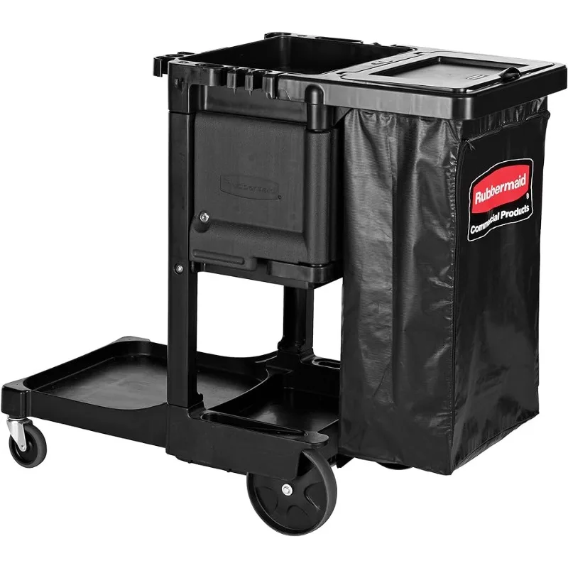 

Executive Series Janitorial and Housekeeping Cleaning Cart with Locking Cabinet, Wheeled with Zippered Black Vinyl Bag, Black