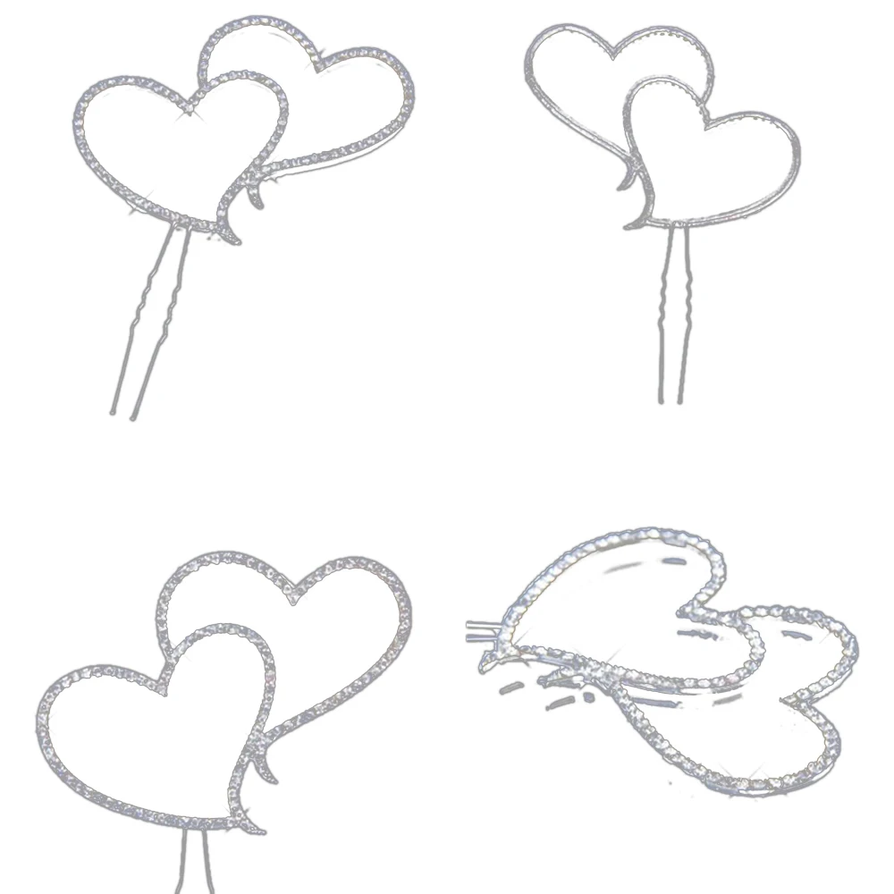 Cake Topper Crystal Rhinestone Silver Double Heart Wedding New Year Decor