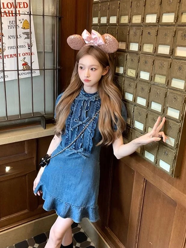 Onalippa Sweetbowsデニムミニドレス、フリルドレス、スタンド