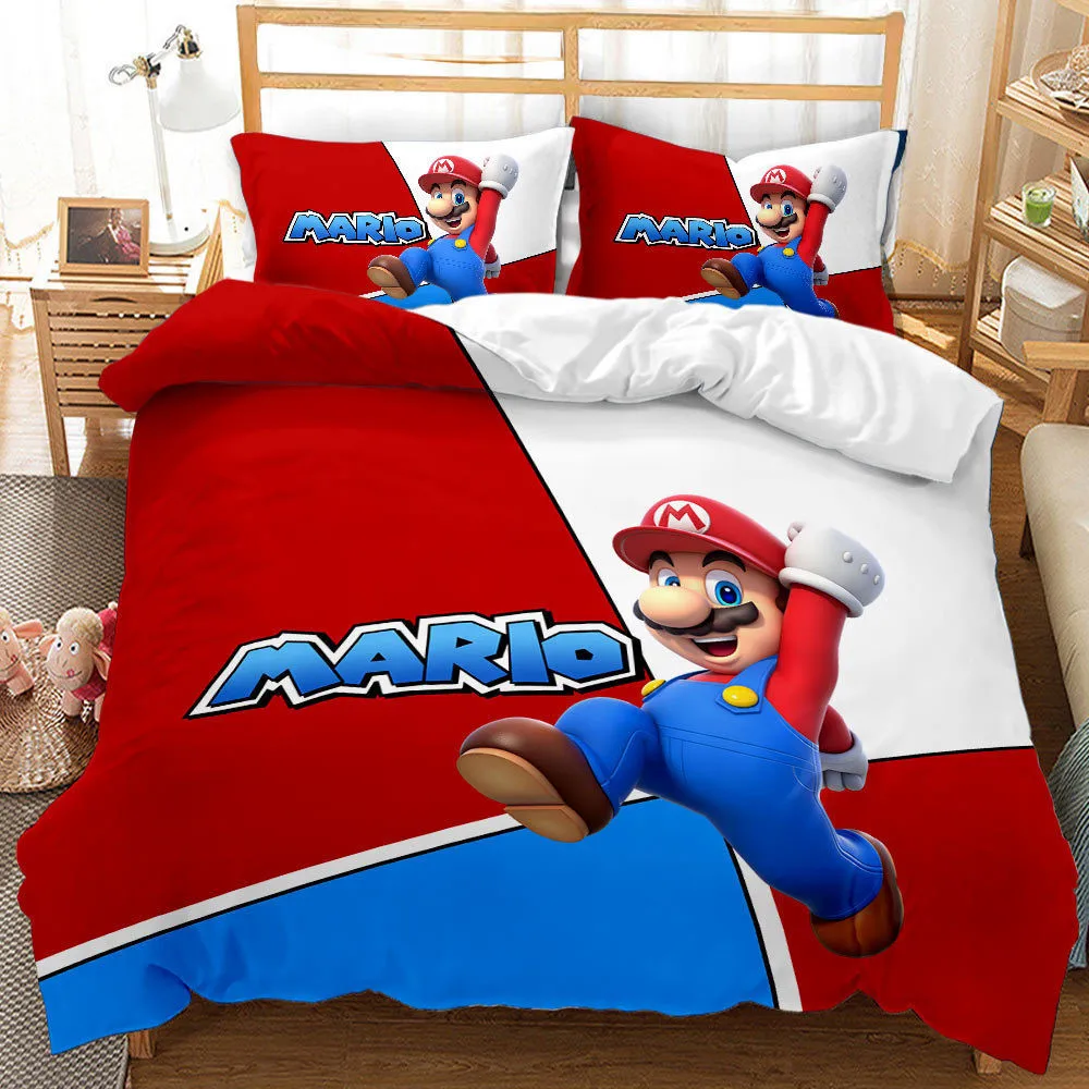 Parure De Lit 3 Pièces Imprimé 3D Mario | Microfibre Super Douce Et Respirante | Housse De Couette + Taie(s) | Taille Double (200x200cm)