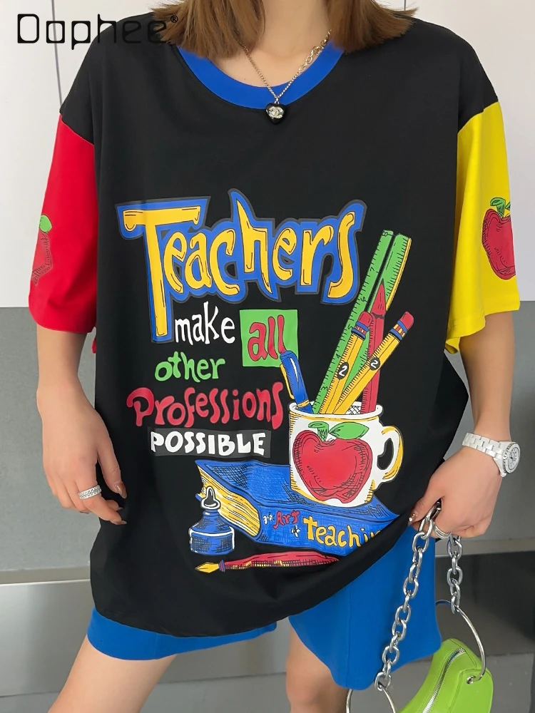 

Spring Summer Loose Cartoon Printed Stiching Contrast Color Short-Sleeved T-shirt Women Mid-Length Crew Neck Cotton Top Female