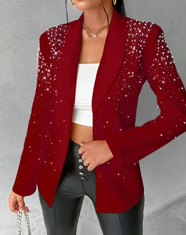 2024 New Blazer Woman Autumn Fashion Beaded Elegant Temperament Shawl Collar Plain Long Sleeve Work Blazer Coat Office Lady
