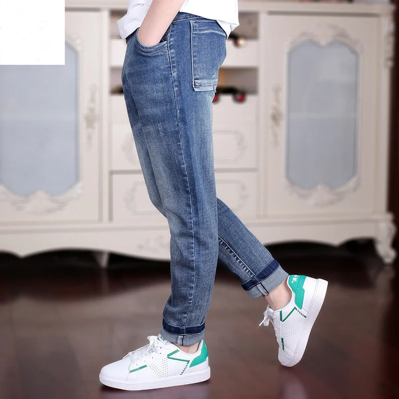 

Boy Clothes 4-18T Summer Teenagers Jeans 2023 New Fashion Big Pocket Solid Elastic Waist Cotton Friction White Full Length
