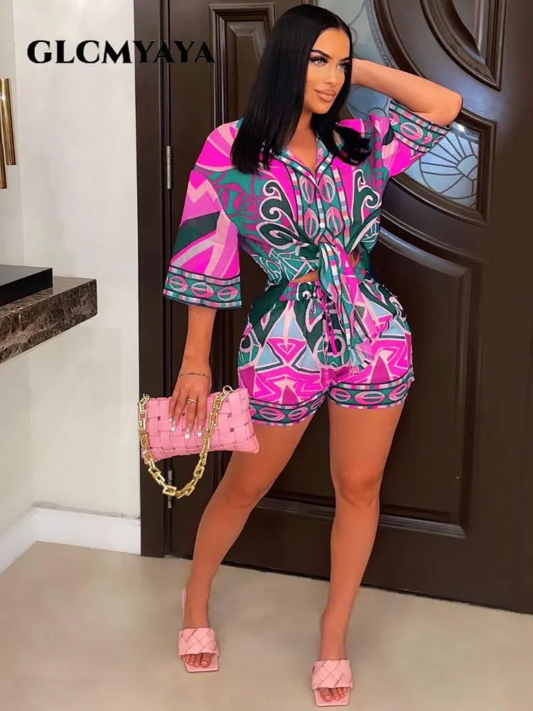 

GLCMYAYA Chic Paisley Women's Set Single Breasted Half Sleeve Shirt Shorts Suit 2023 Vintage Two 2 Piece Set Outfit Tracksuit