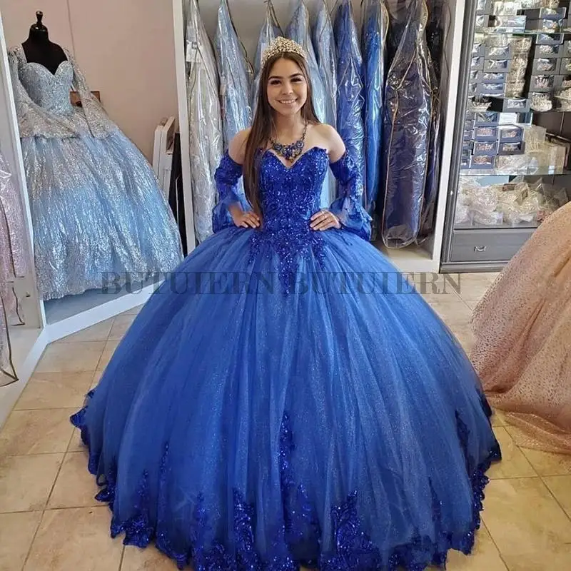 

Princess Arabic Royal Blue Quinceanera Dresses 2022 Lace Applique Beaded Sweetheart Prom Dresses Lace-up Sweet 16 Party Dress
