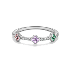 Sterling Silver Multicolor Four - Leaf Clover Flower Ring with Zirconia - 8 (Silver)