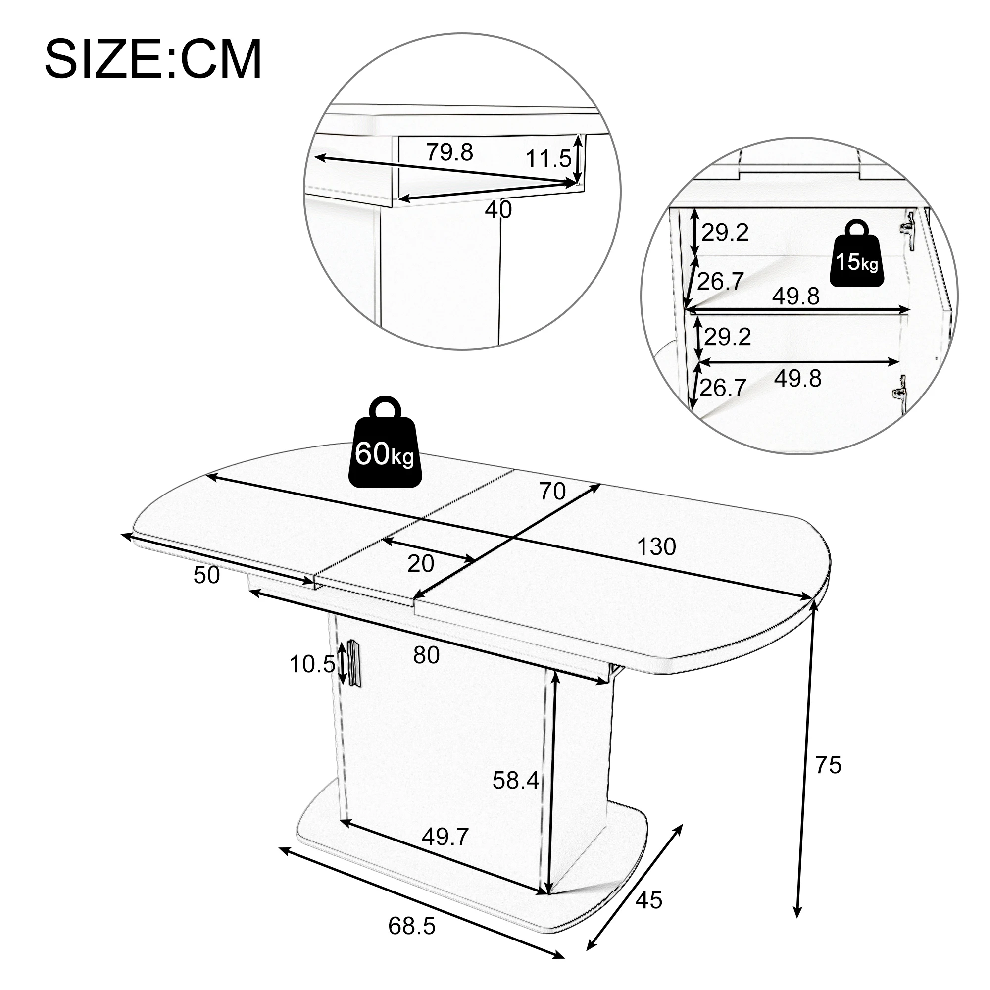 Ausziehbarer ovaler weißer Esstisch für 2 bis 3 Personen, L110/130 x B70 x H75 cm, Esstisch mit Stauraum, Couchtisch, Möbelschreibtisch – Detail 1