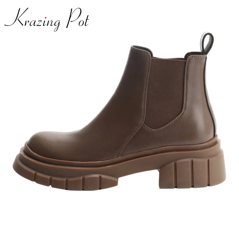

Krazing Pot Genuine Leather Round Toe Med Heels Stretch Boots Casual Splicing Daily Wear Cozy Normcore Basic Silp on Ankle Boots