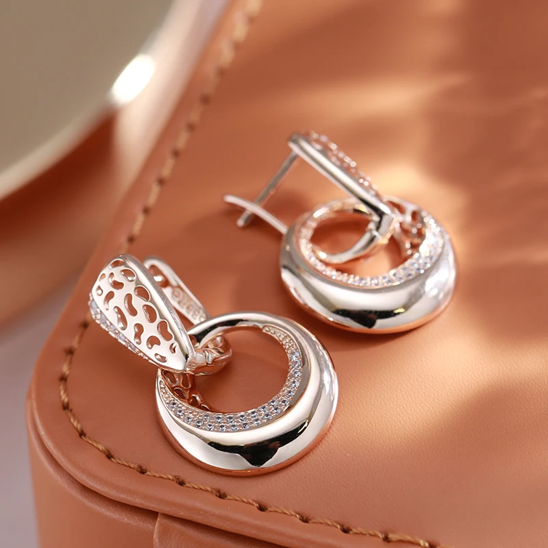 Kinel Luxury 585 Rose Gold Color Drop Earrings for Women Micro-wax Inlay Natural Zircon Flower Bridal Wedding Daily Jewelry